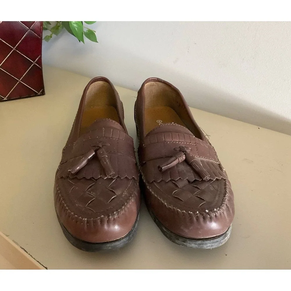 George Mens Loafers Casual‎ Shoes Size 8 Brown Faux Leather Woven Tassel Slip On